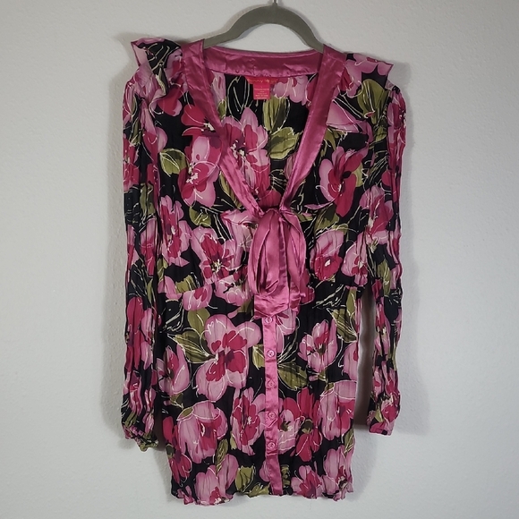 Y2K Sunny Leigh Floral Sheer Button Up Top Size L Fairy Romantic Girly Pink - Picture 1 of 16